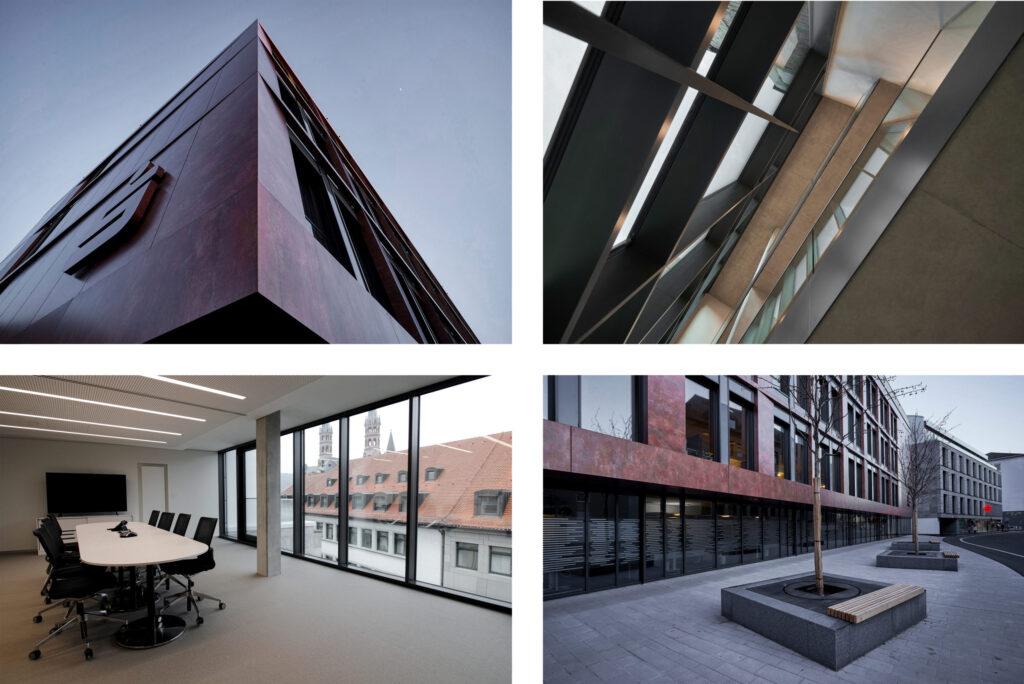 Moderner Bürogebäudekomplex mit Konferenzraum und Glasfenstern.