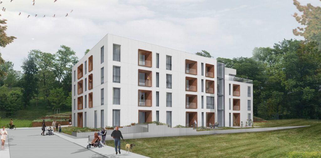 Modernes Wohngebäude mit Parklandschaft