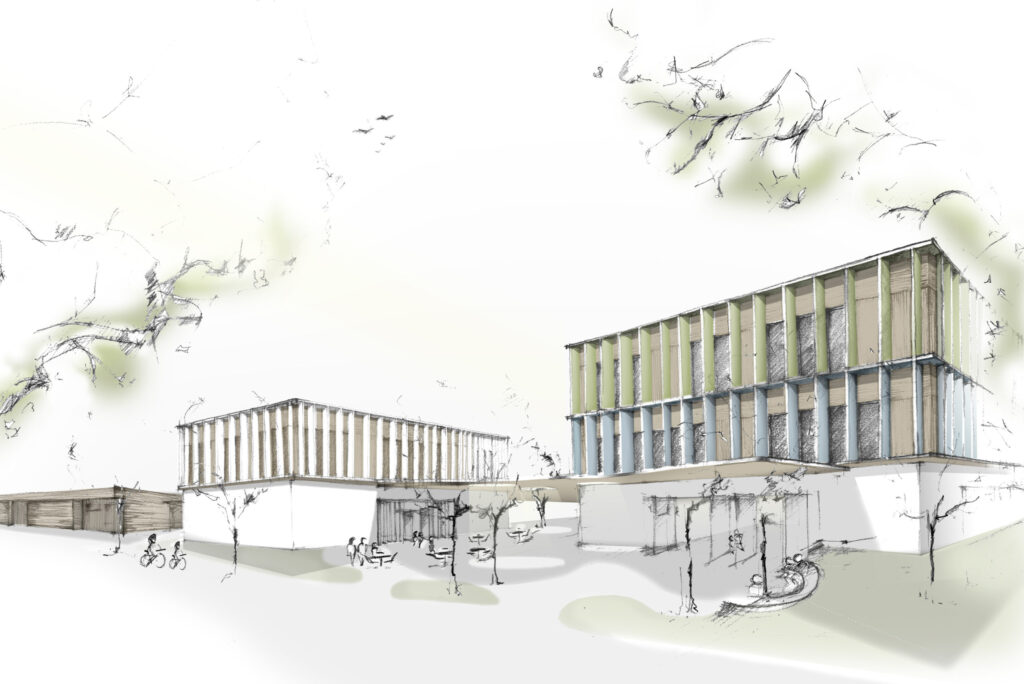 Architekturskizze von modernen Gebäuden mit Bäumen.