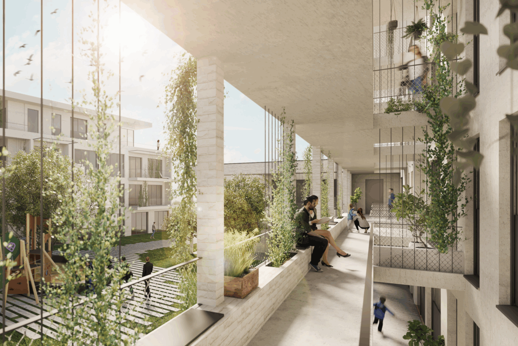 Moderne Terrasse mit Pflanzen und Menschen im Wohnbereich.
