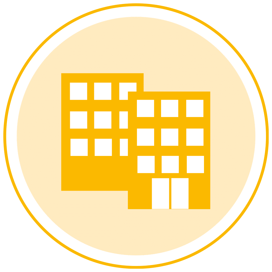 Icon von zwei Bürogebäuden, gelb.
