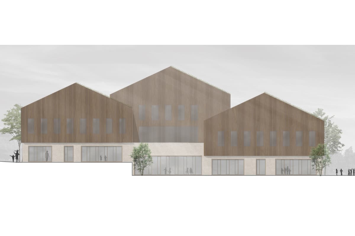 Moderne Gebäudeentwürfe mit Holzfassade und Glasfenstern.