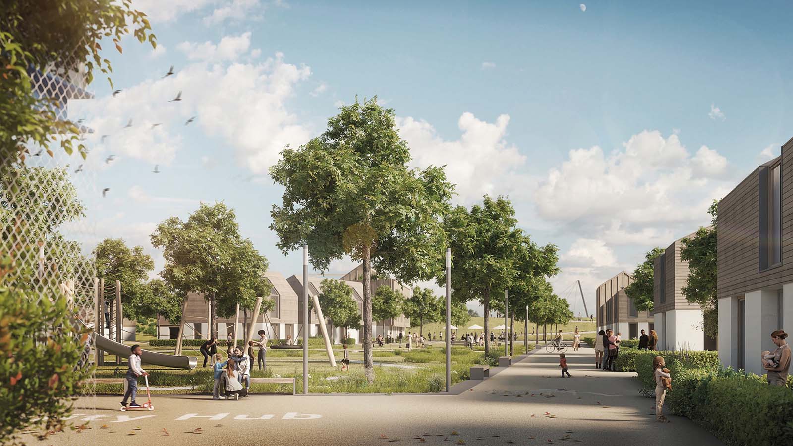 Moderne Wohnsiedlung mit Bäumen und spielenden Menschen.