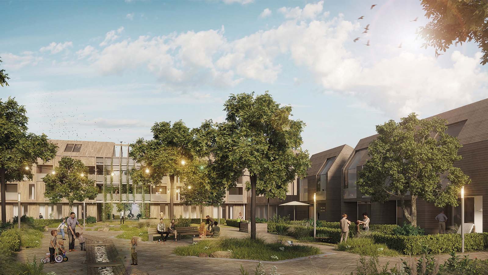 Grüner Innenhof mit Menschen und moderner Architektur