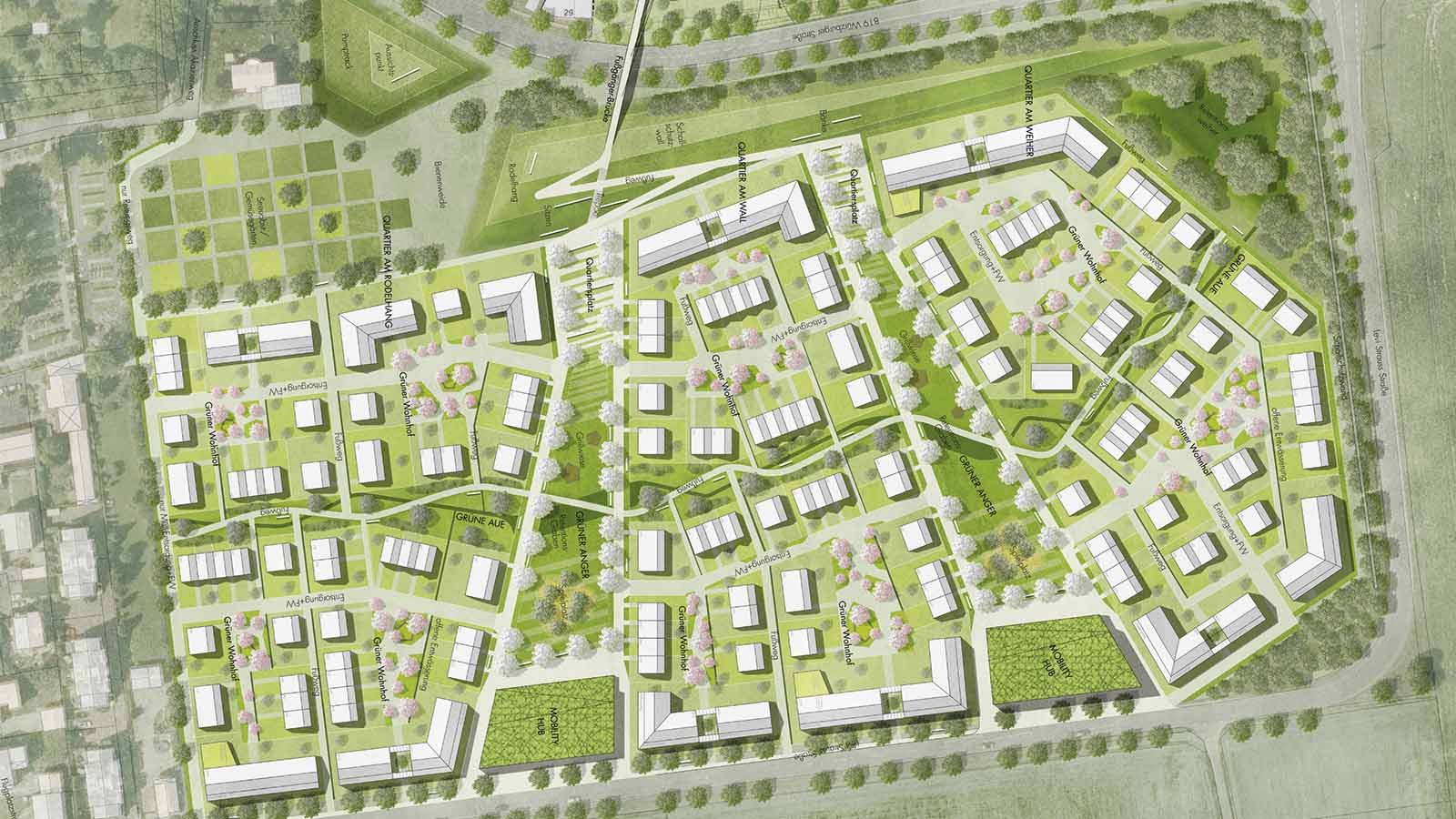 Stadtplan mit Grünflächen und Gebäuden.
