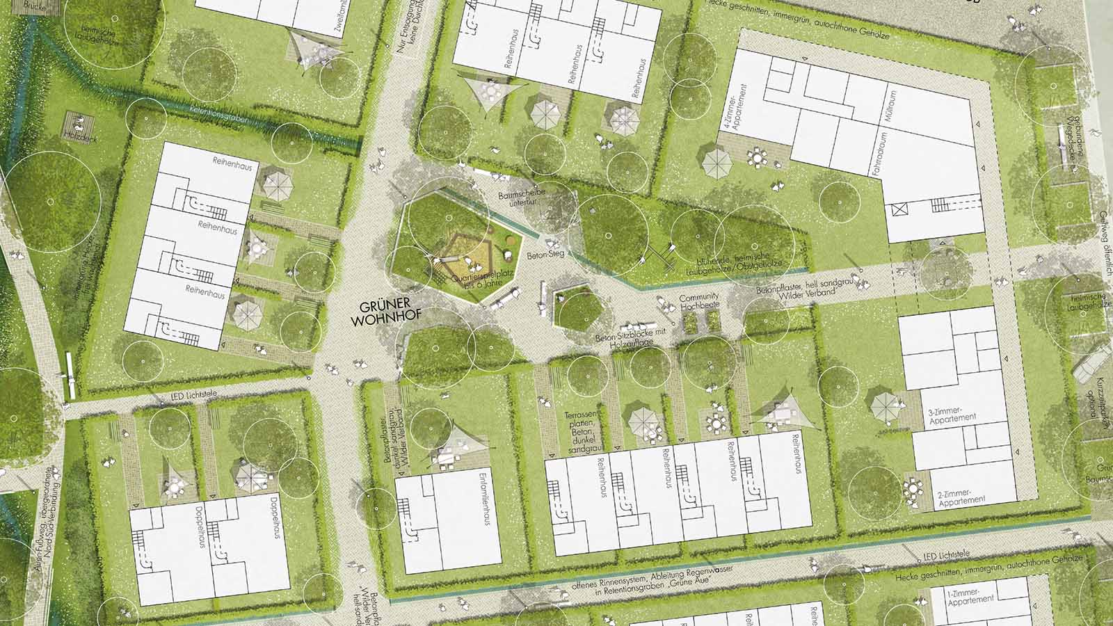 Städtebauplan mit Grünflächen und Wohngebäuden in Deutschland.