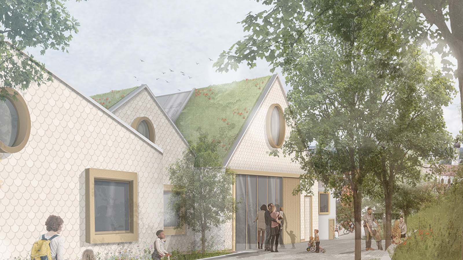 Modernes Gebäude mit begrüntem Dach und Baumreihe