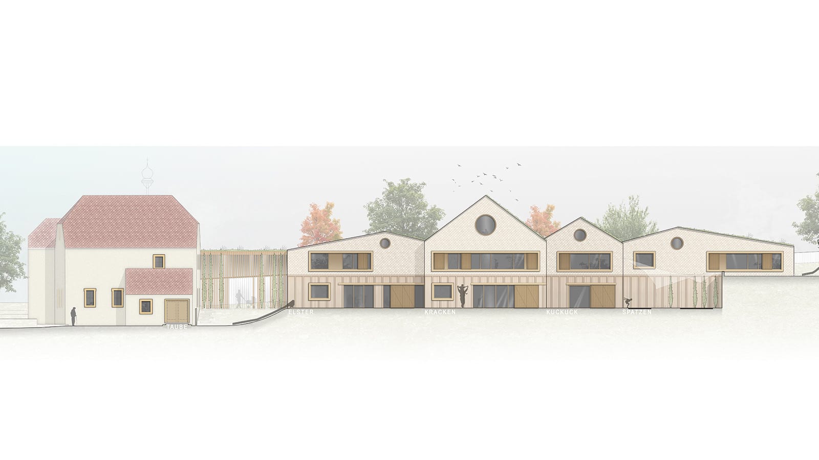 Moderner Gebäudekomplex mit Wohnhäusern und Gartenansicht