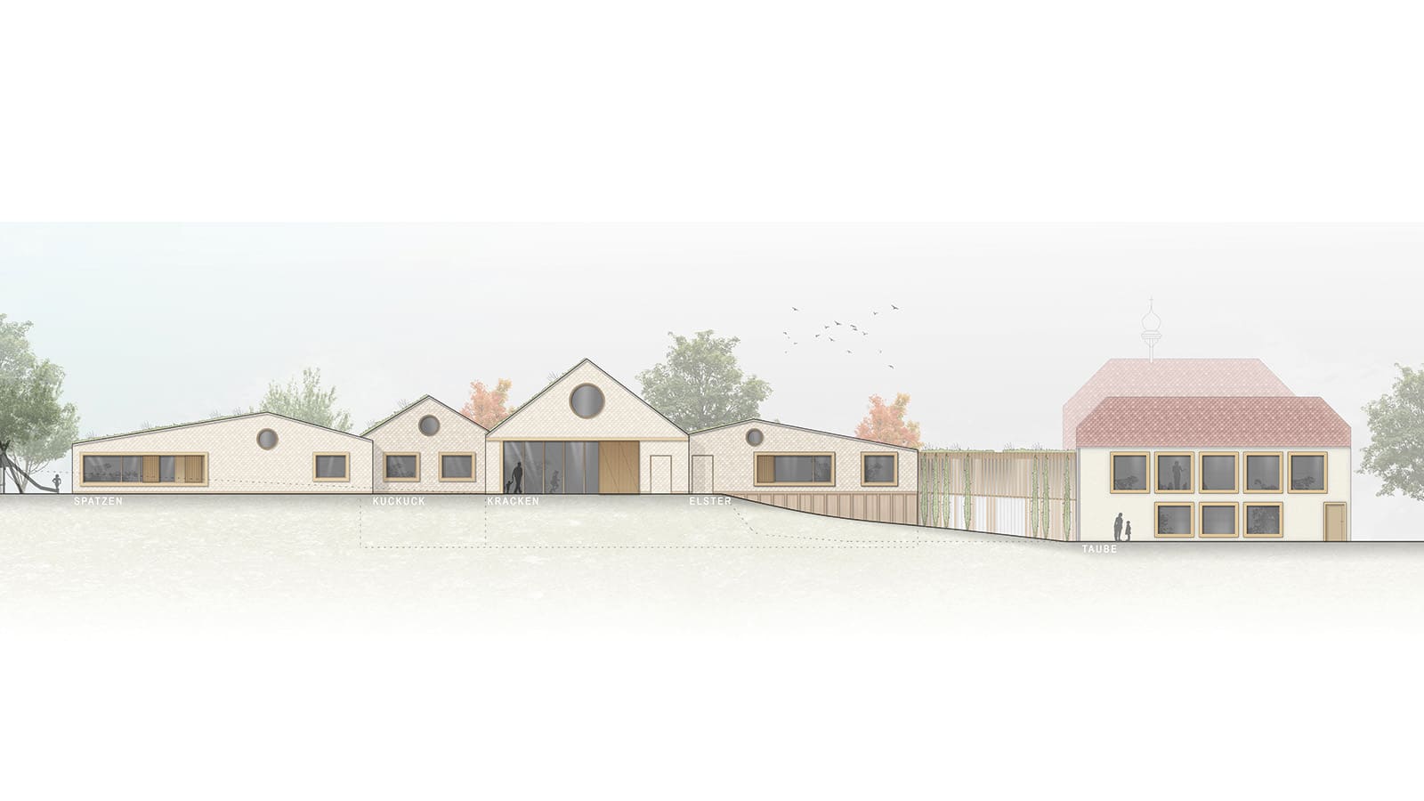 Moderne Gebäudefassade mit Bäumen und Himmel