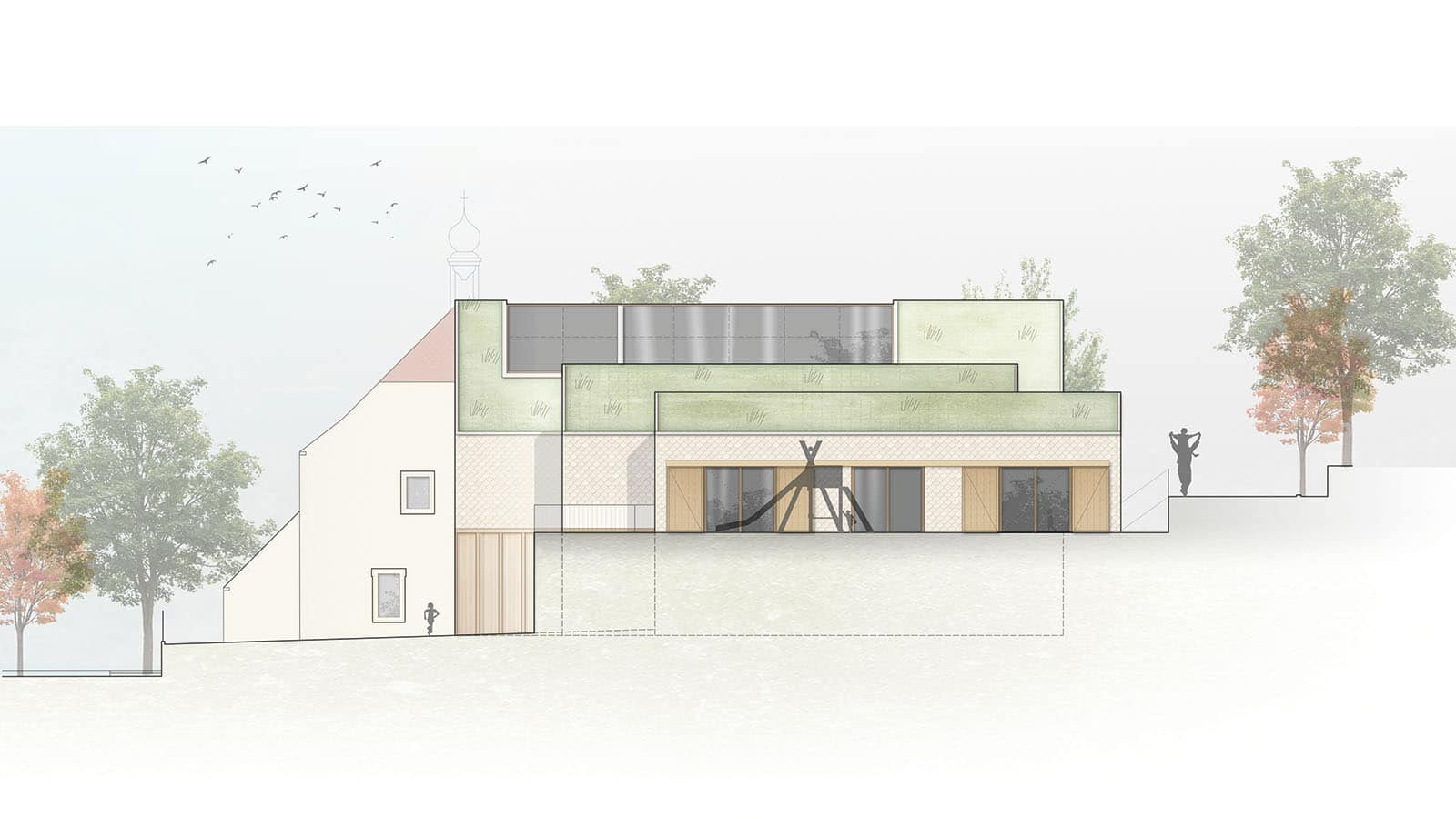 Architektonischer Querschnitt eines modernen Gebäudes mit Bäumen.