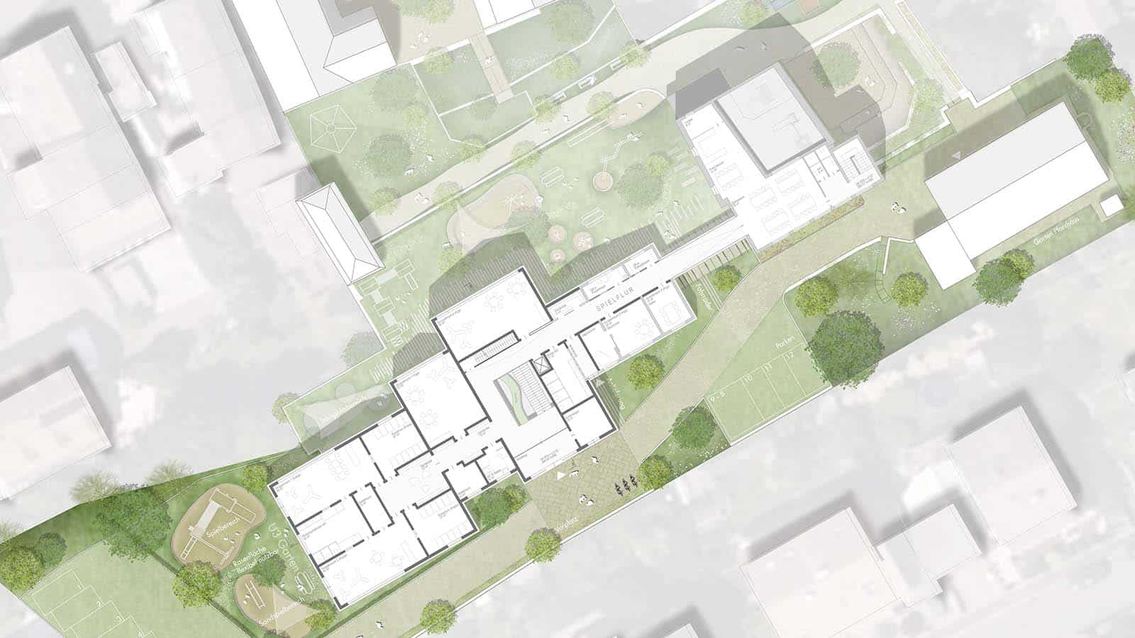 Architektonischer Grundriss mit Garten- und Spielflächen