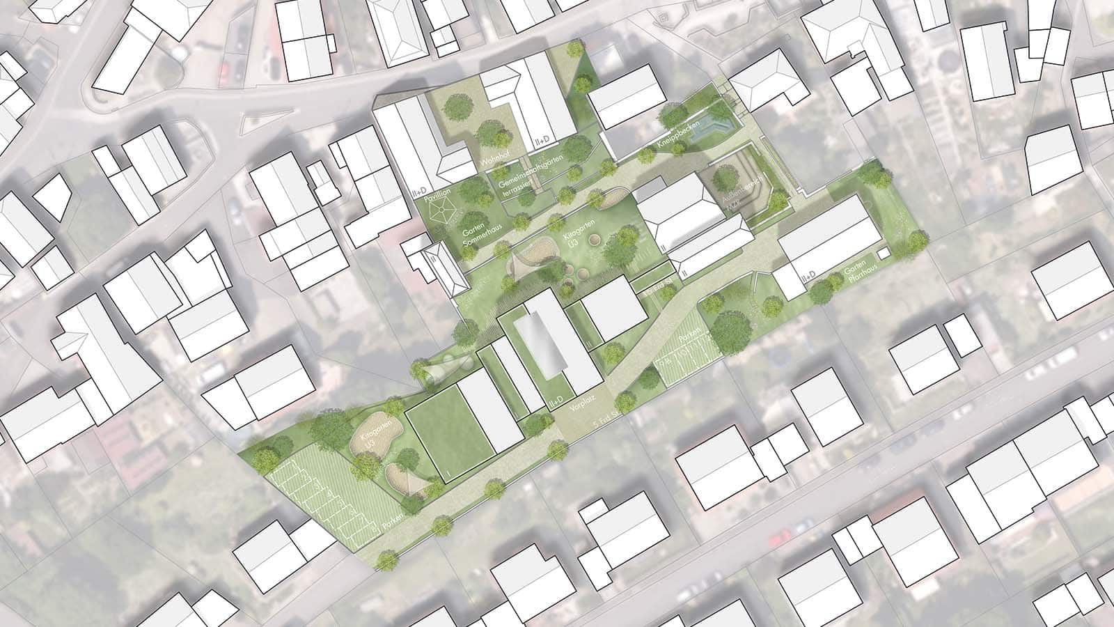 Stadtplan mit Gebäudeumrissen und Grünflächen