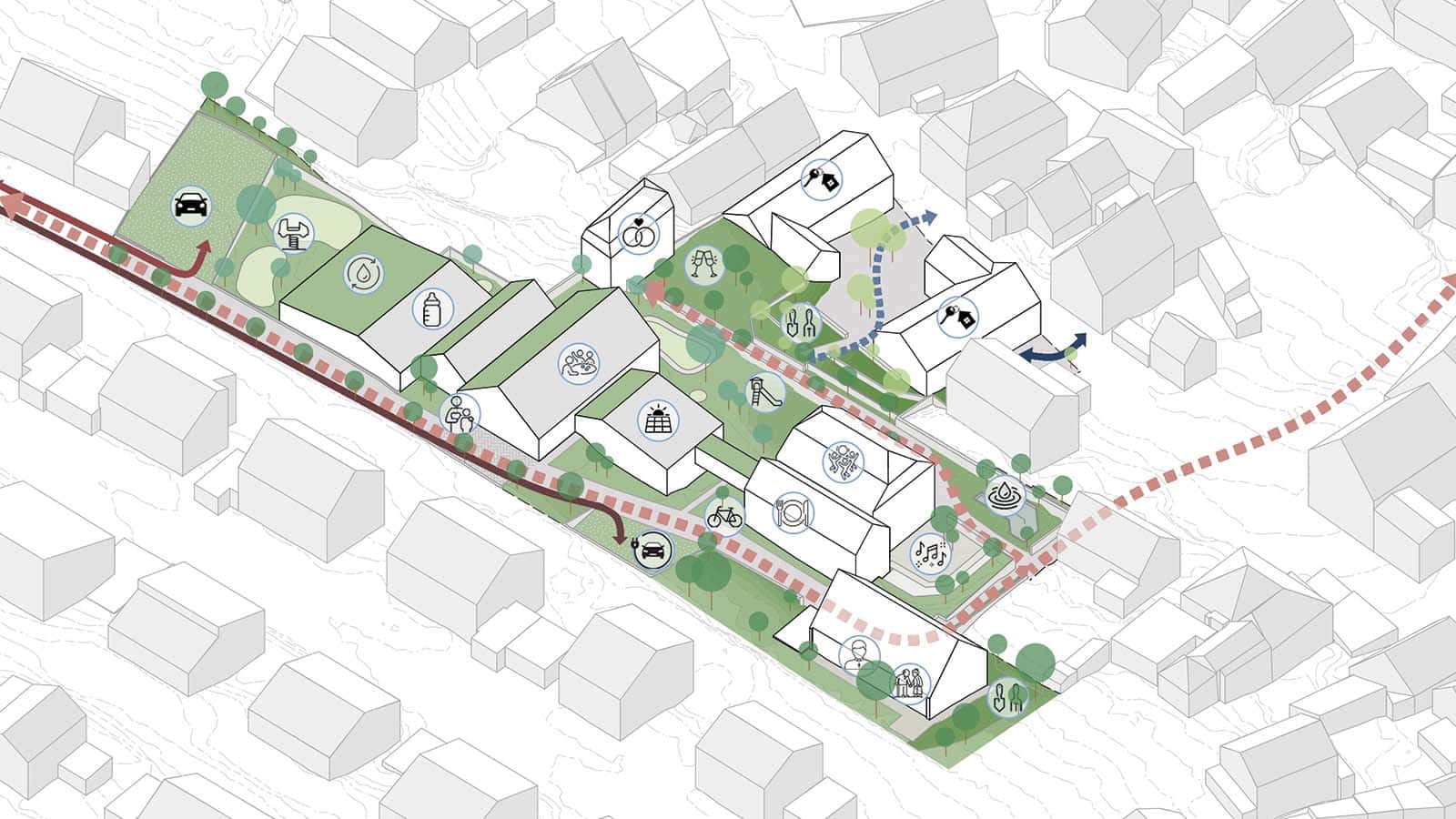 Stadtplanungskonzept mit Gebäuden und Grünflächen dargestellt.