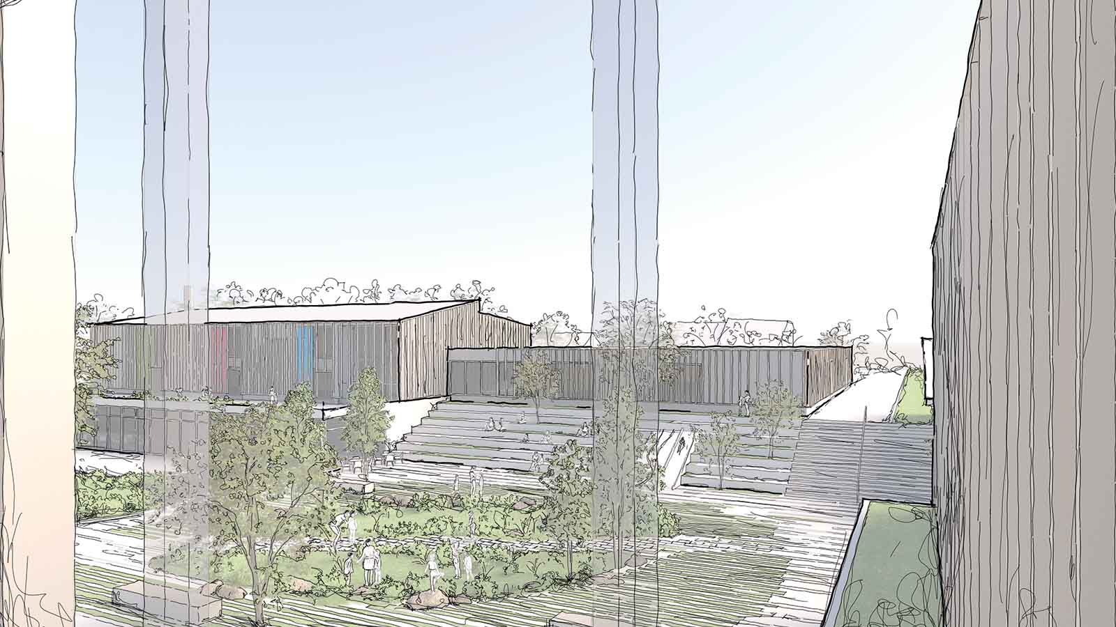 Architekturskizze eines modernen Gebäudekomplexes mit Garten