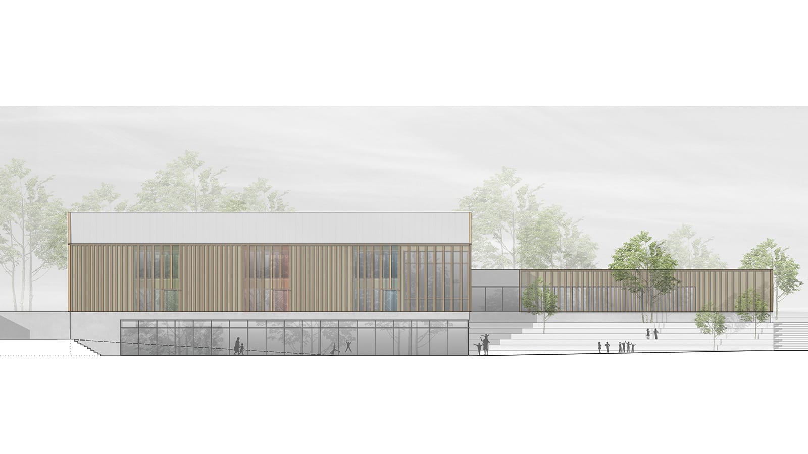 Moderne Gebäudefassade mit Bäumen und Menschen