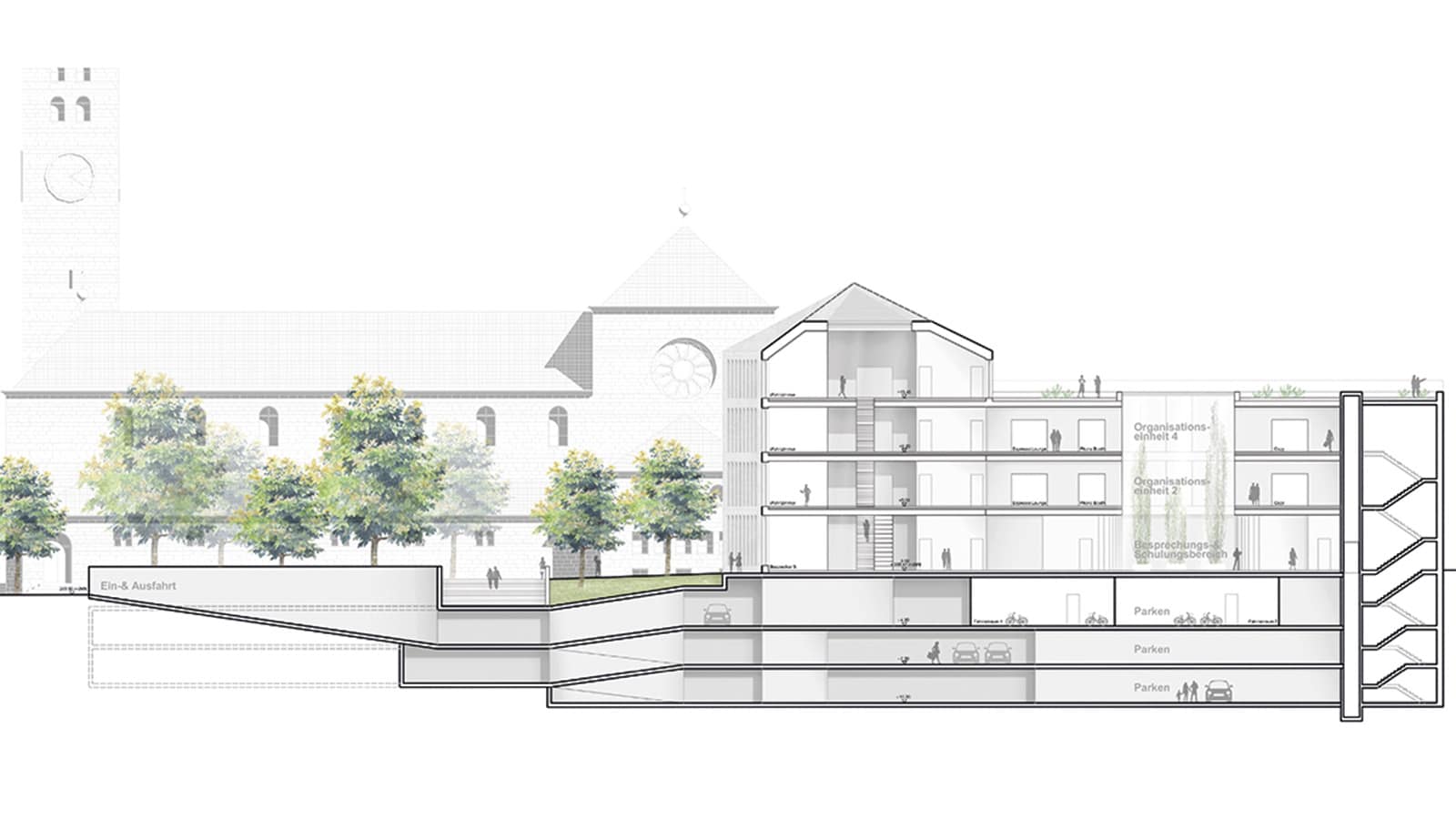 Architekturplan: Gebäudequerschnitt mit Parkebenen