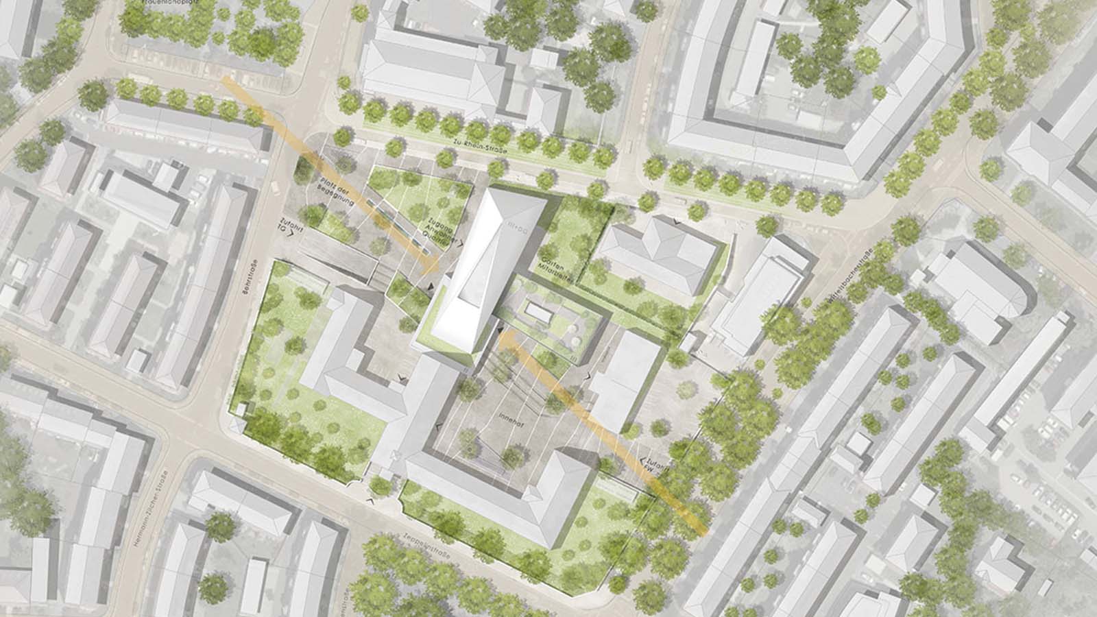 Luftaufnahme eines Stadtplans mit Gebäuden und Straßen.