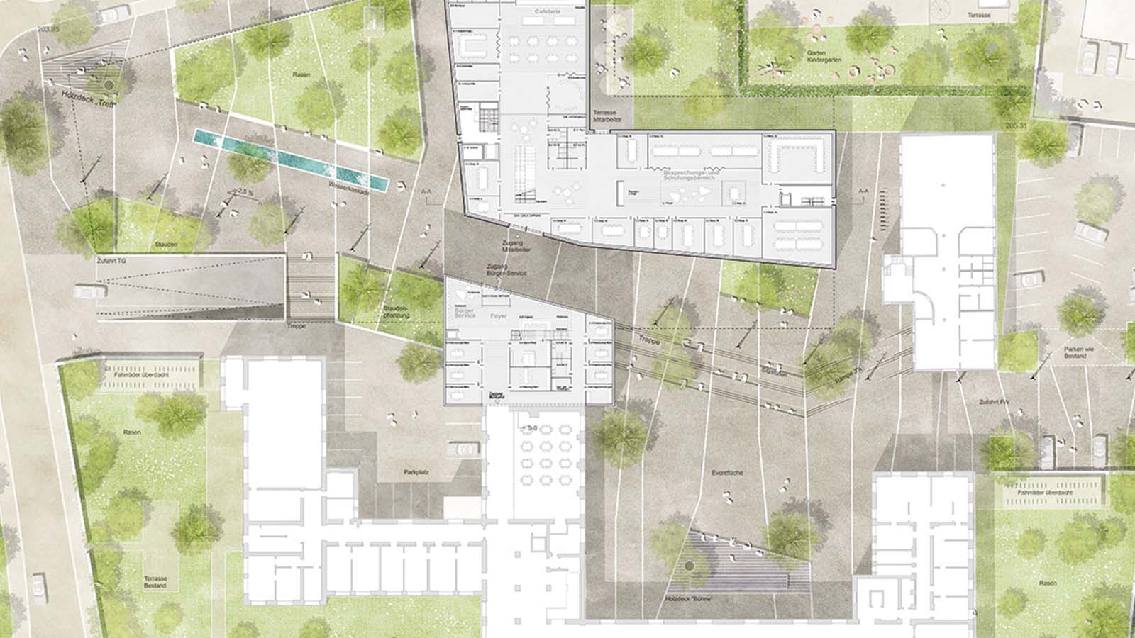 Architektonischer Lageplan mit Gebäuden und Grünflächen