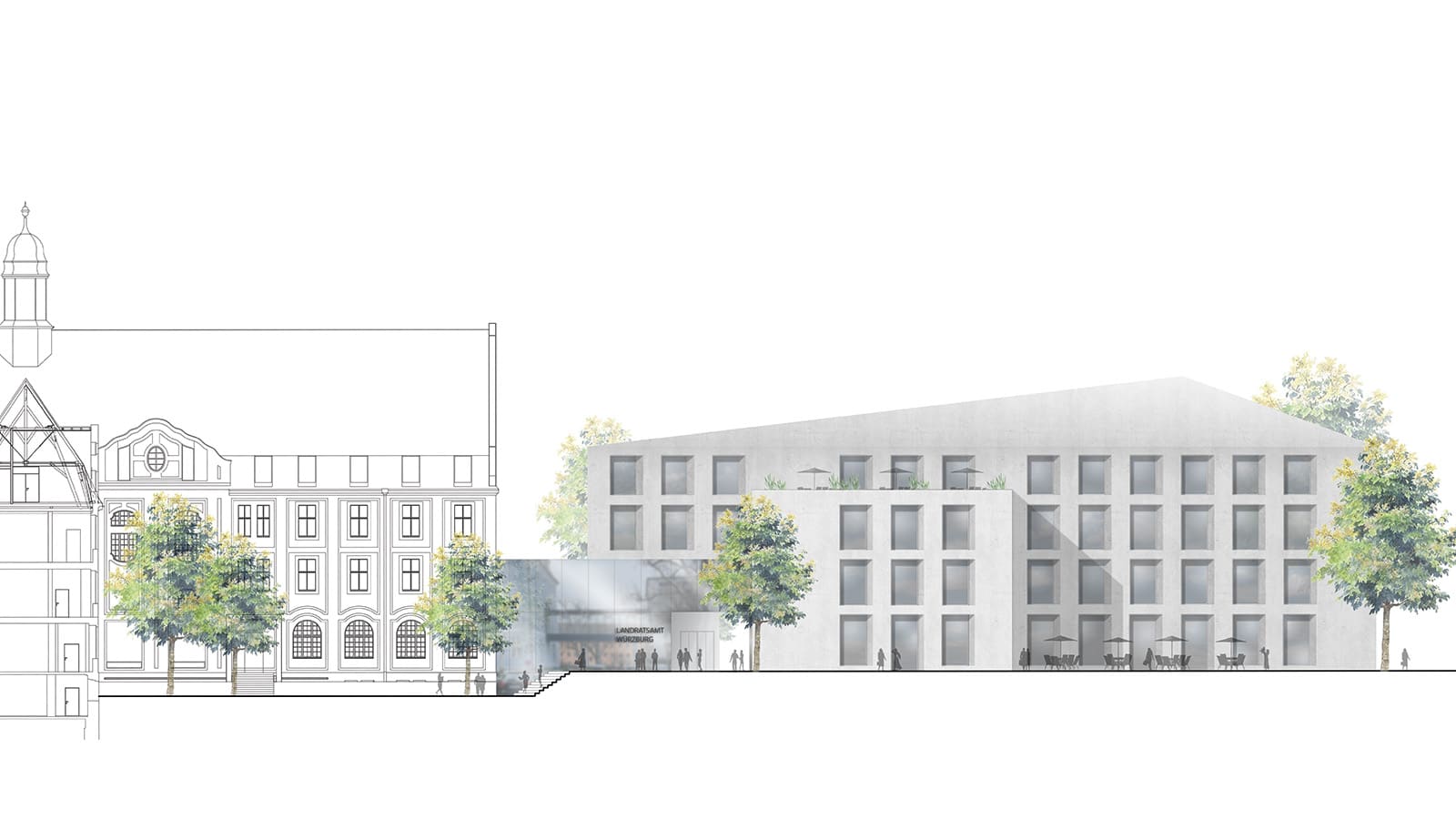 Moderne Gebäudearchitektur neben historischem Gebäude mit Bäumen