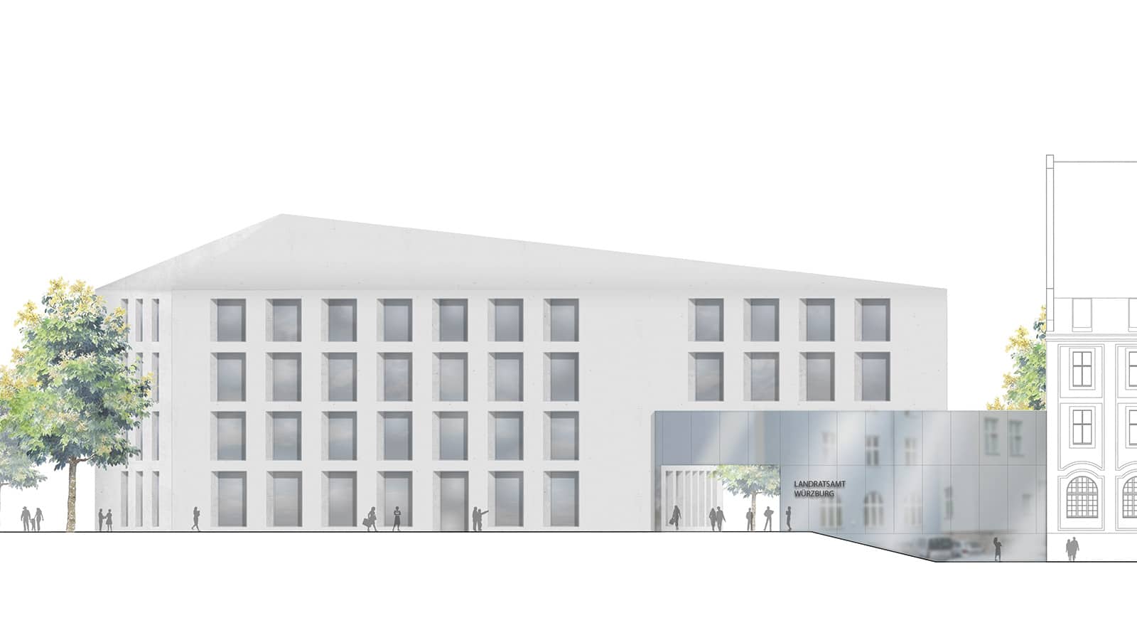 Moderner Verwaltungsgebäudeentwurf mit Bäumen und Menschen