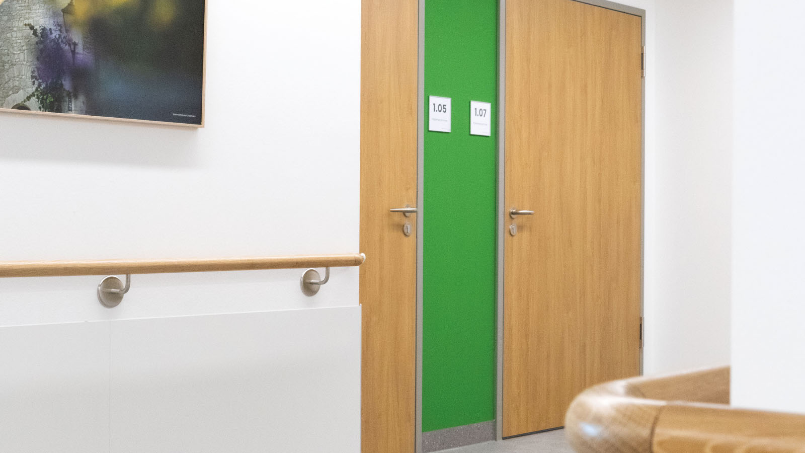 Flur mit Holztüren und grüner Wand