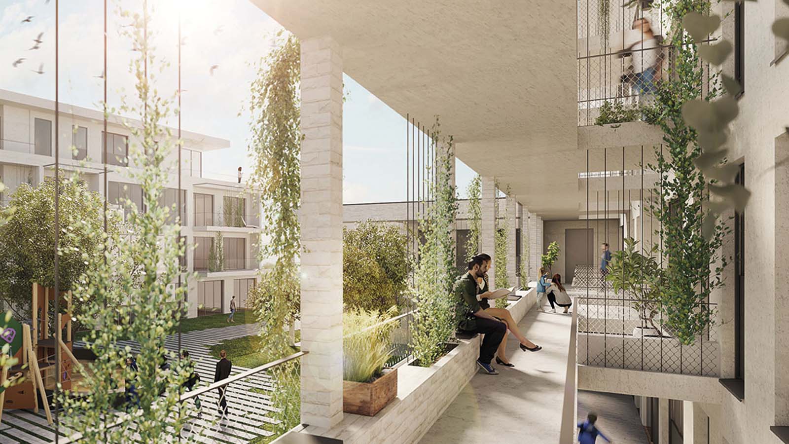 Moderne Wohnanlage mit grünen Balkonen und Menschen