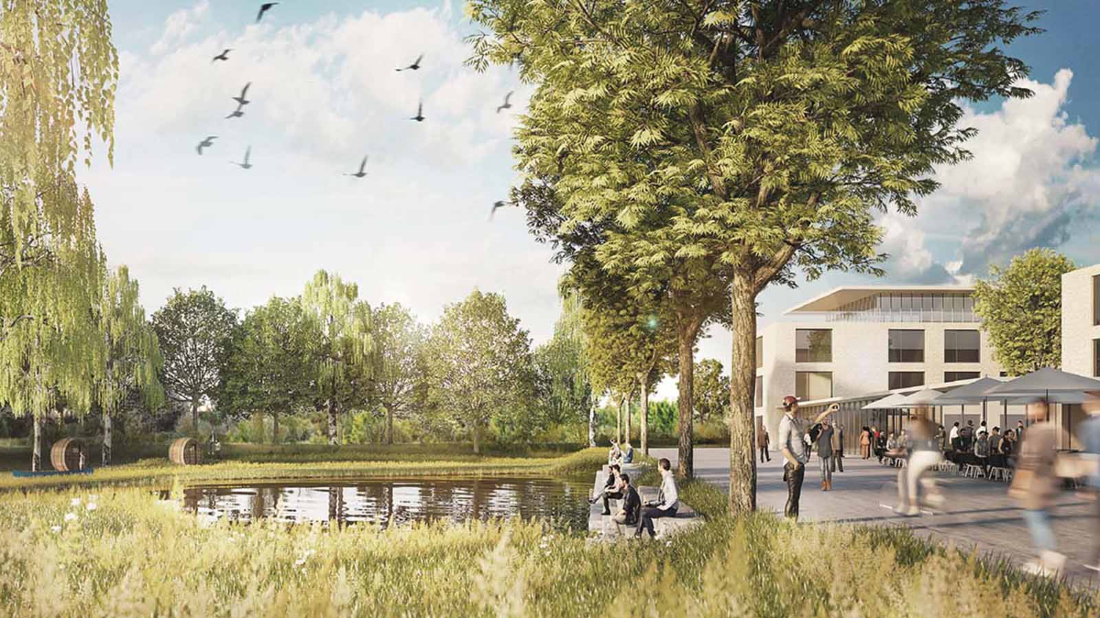 Moderne Gebäude und Park mit Teich