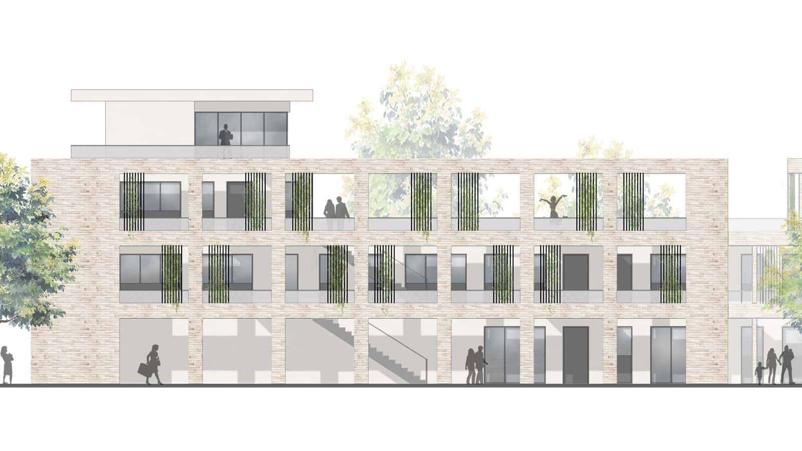 Moderne Gebäudeskizze mit Pflanzen an Fassaden