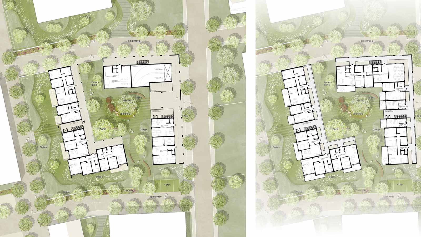 Architekturplan von Gebäuden mit grünen Flächen und Bäumen.
