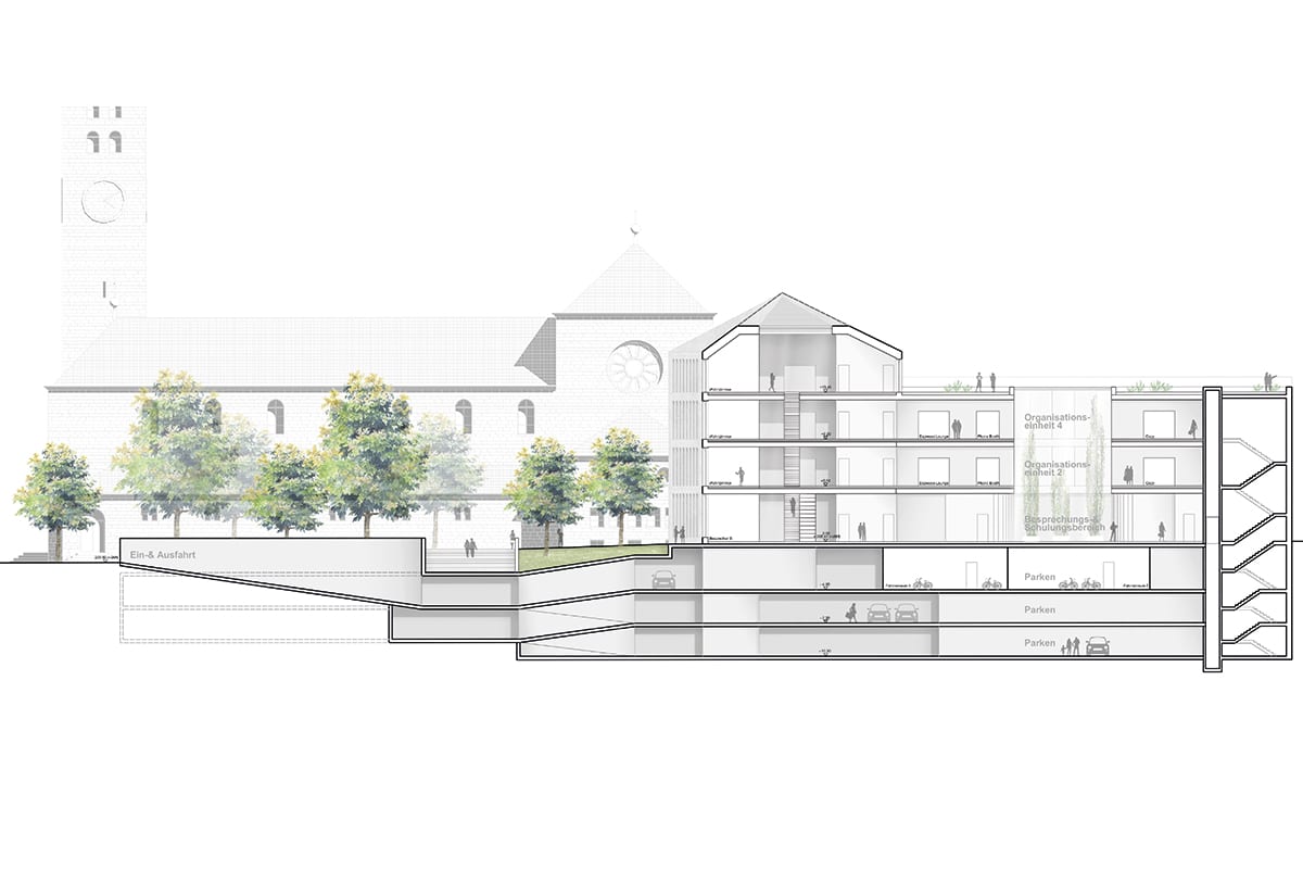 Gebäudeschnitt mit Parkhaus und Büros, Kirche rechts.