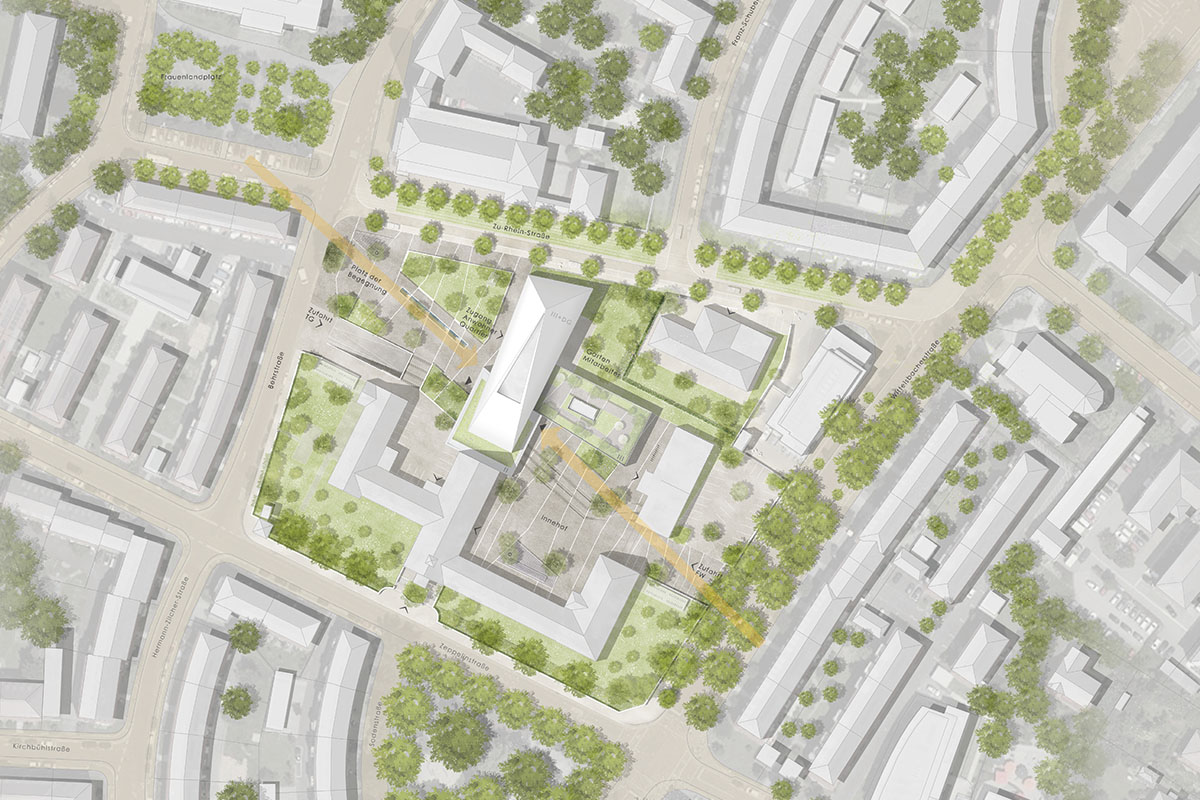 Stadtplan mit Gebäuden und Grünflächen, Vogelperspektive.