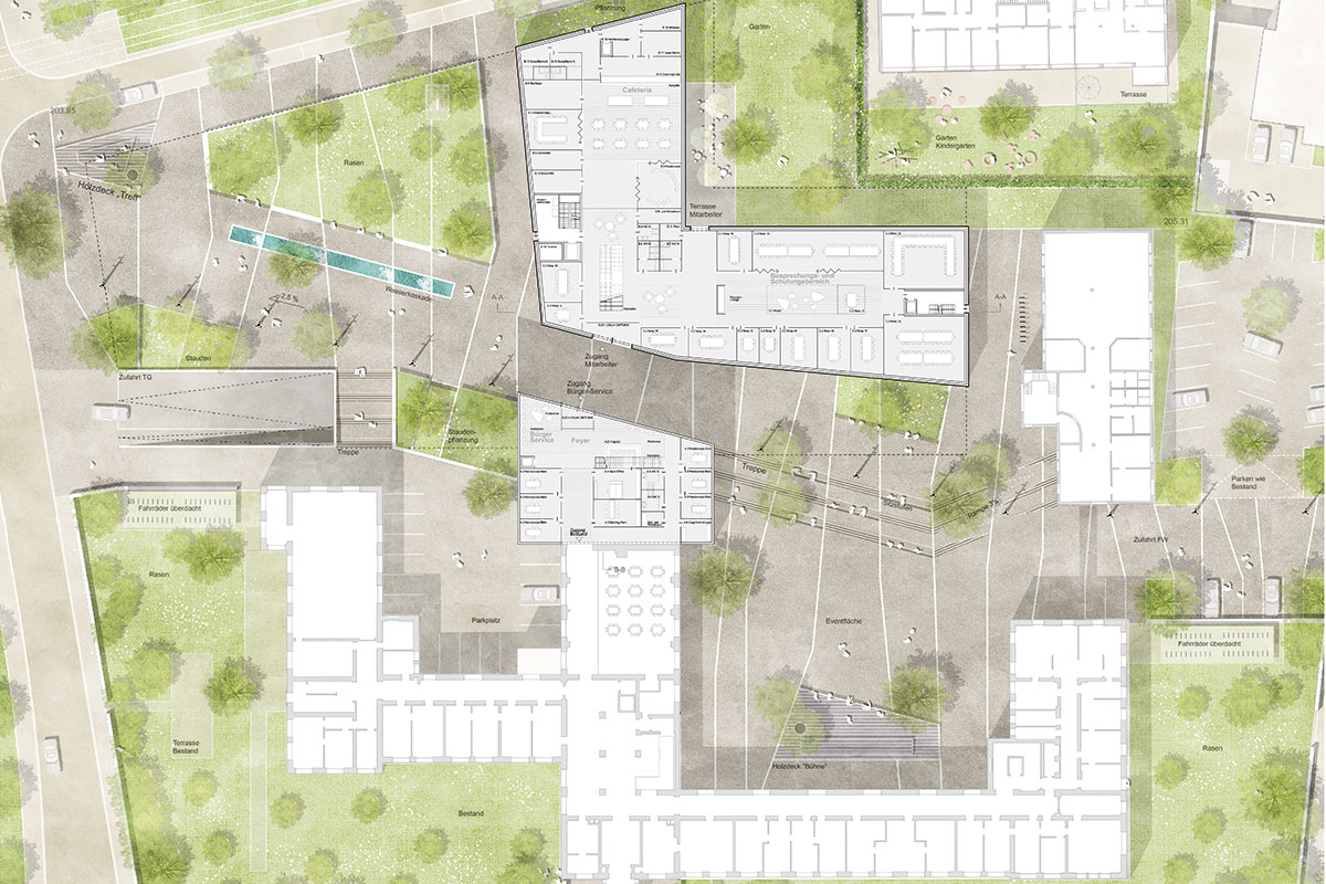 Architekturplan mit Gebäuden und Grünflächen