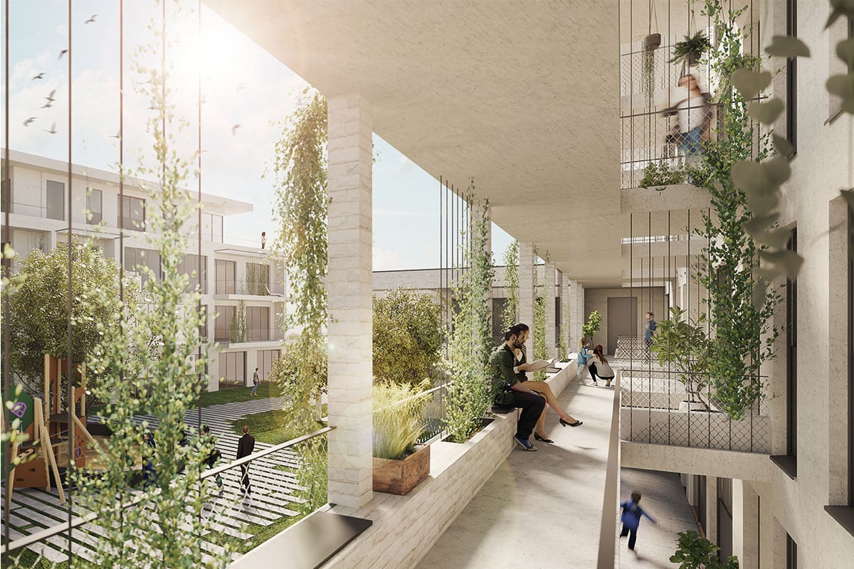 Moderner Balkon mit Pflanzen und Sonnenlicht.