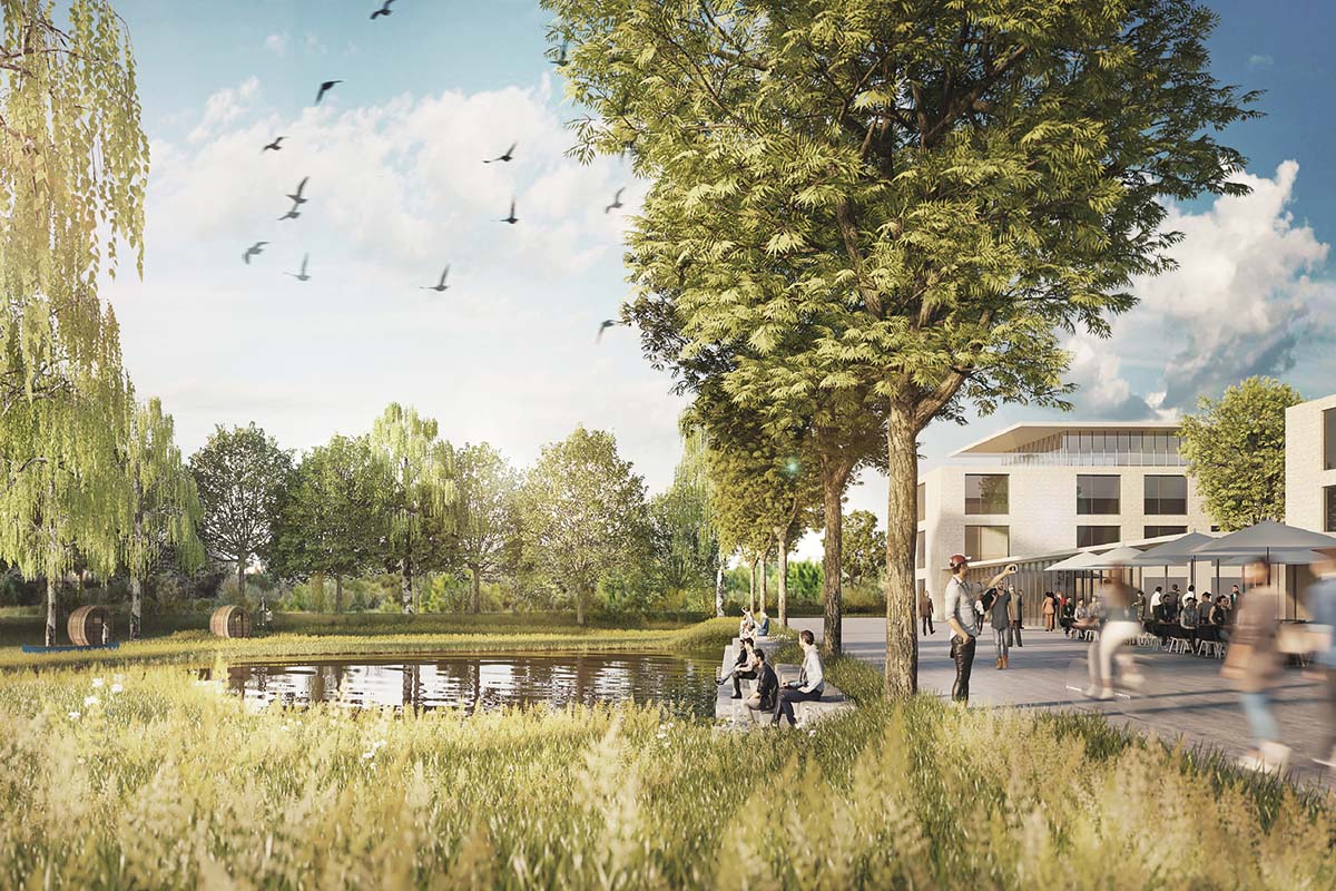 Parklandschaft mit See und modernen Gebäuden