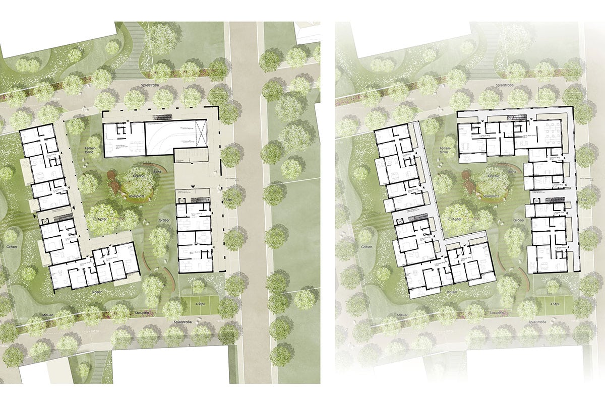 Architektonischer Lageplan mit Gebäudeflächen und Grünanlagen