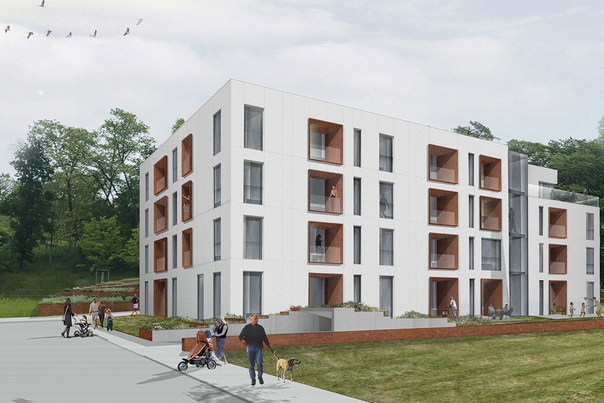 Modernes Wohngebäude mit Menschen und Bäumen im Hintergrund.