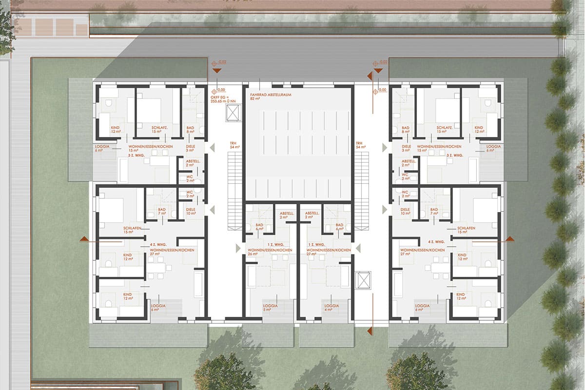 Architektonischer Grundriss eines Gebäudes mit Wohnungen.
