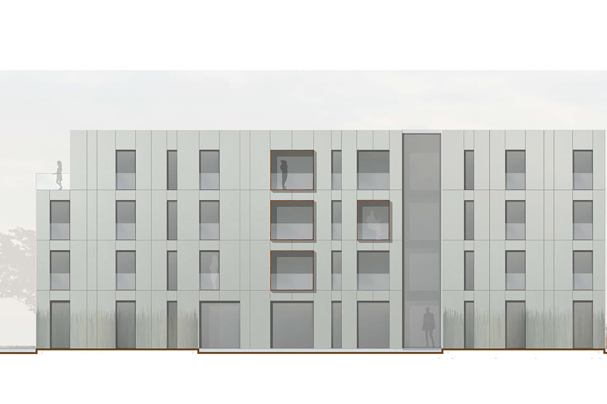 Moderne Fassade eines mehrstöckigen Gebäudes mit Fenstern.