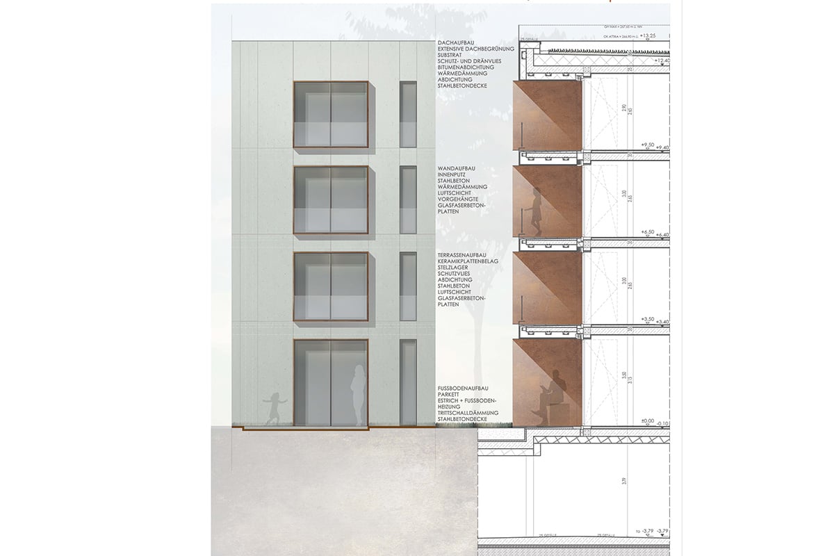 Gebäudequerschnitt mit detaillierter Wandaufbauzeichnung.