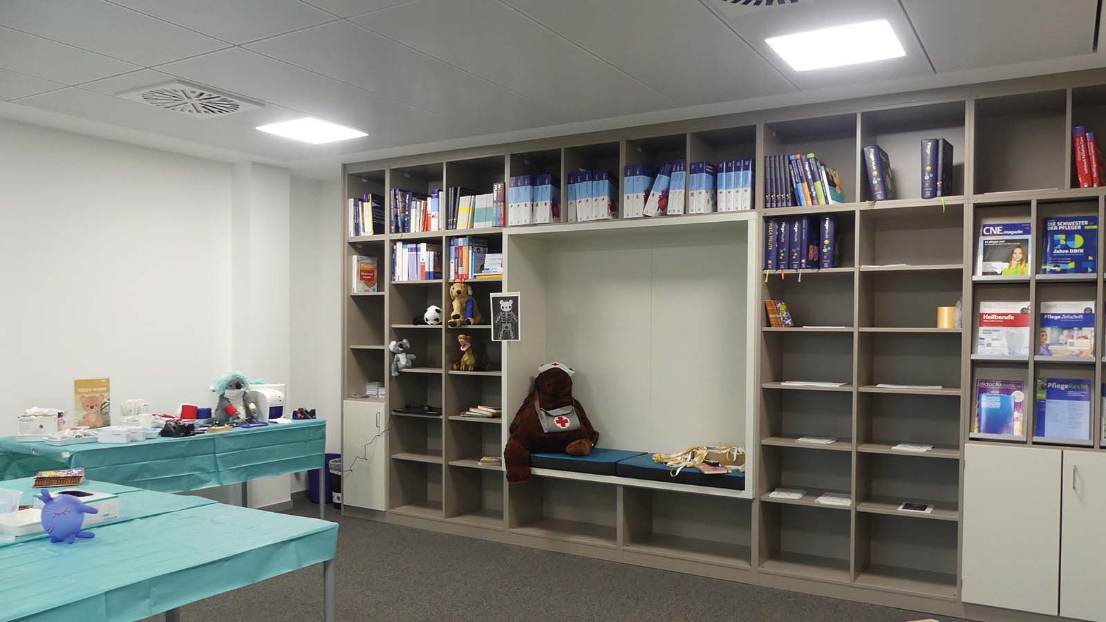 Leerer Raum mit Bücherregalen und Spielzeugtieren