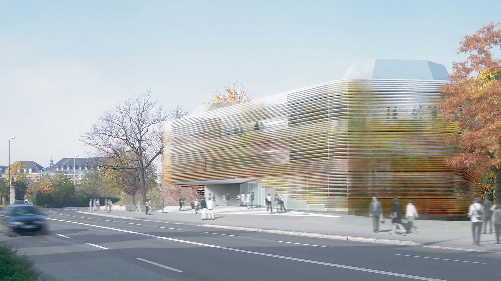 Modernes Gebäude mit Glasfassade und bunter Umgebung.