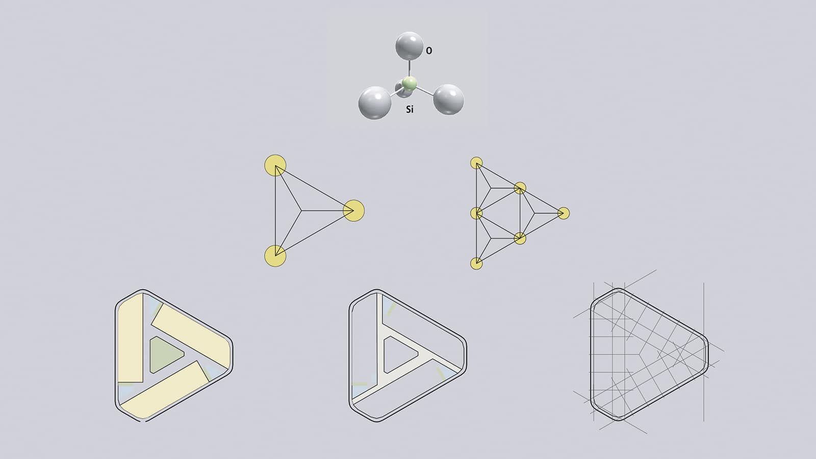 Molekülmodell und geometrische Diagramme mit Dreieckformen.