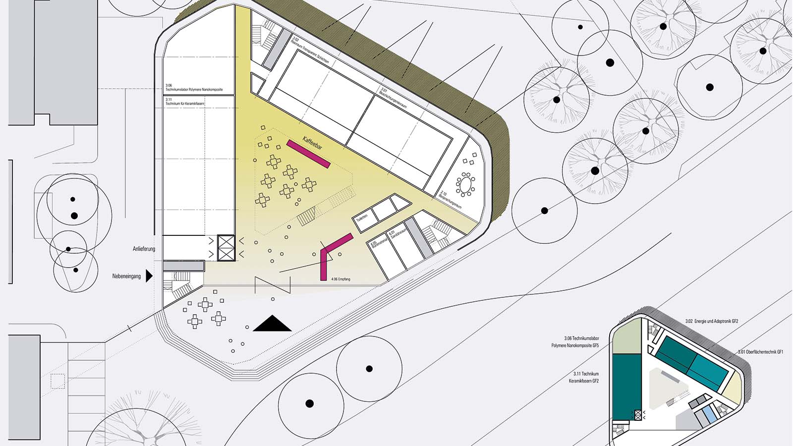 Gebäudegrundriss mit Kaffeebar und Empfangsbereich