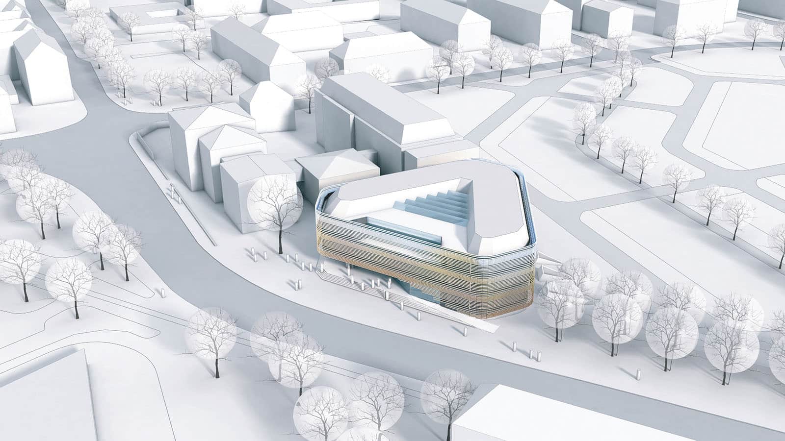 Futuristisches Gebäude in einer städtischen Modellsiedlung.