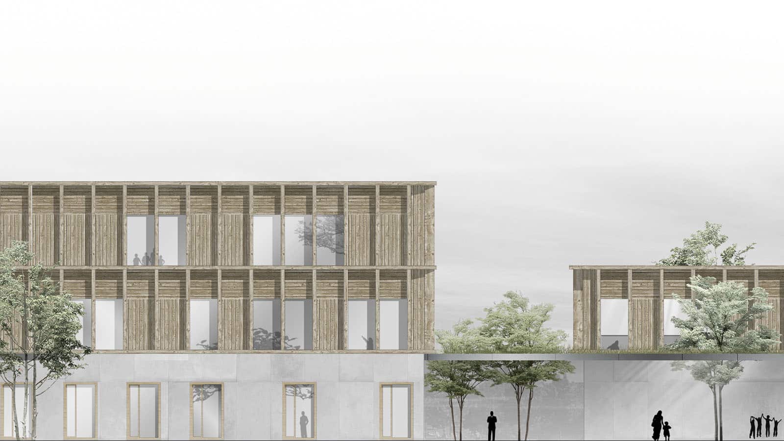 Moderne Holzkonstruktion mit Bäumen und Menschen.