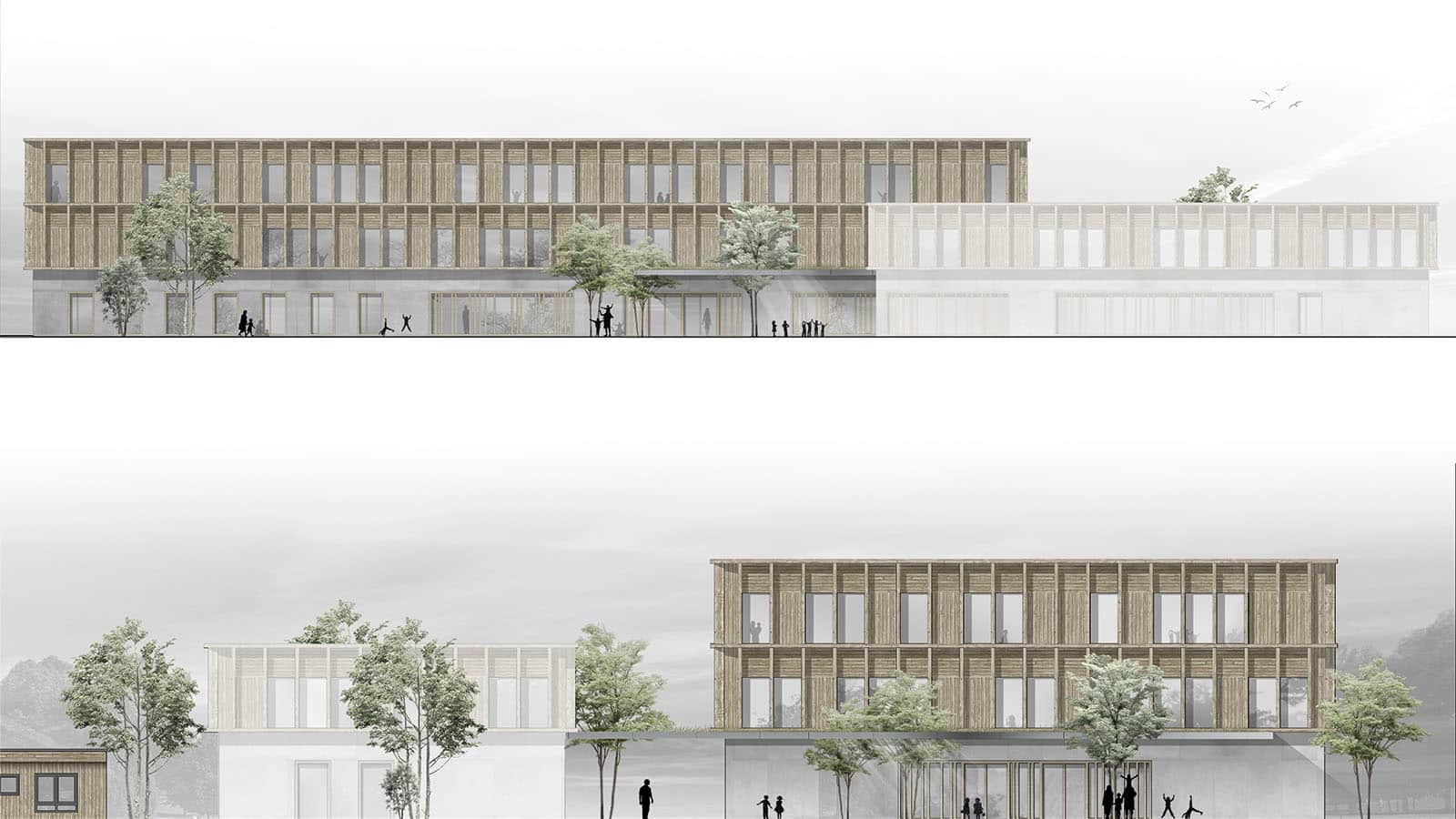 Moderne Gebäude mit Bäumen und Menschen.