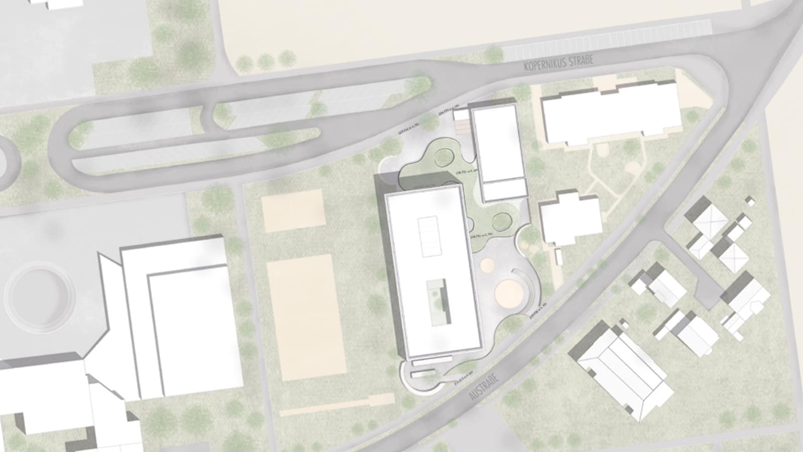 Luftaufnahme eines Stadtgebiets mit Straßen und Gebäuden.