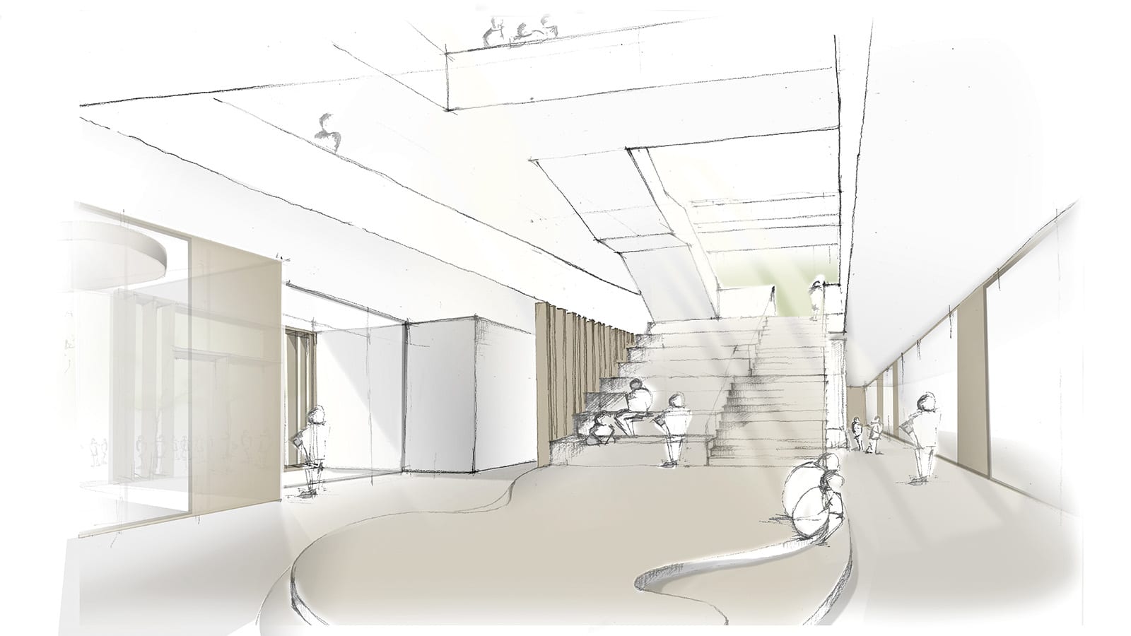 Skizze eines modernen Innenraums mit Treppe und Menschen.