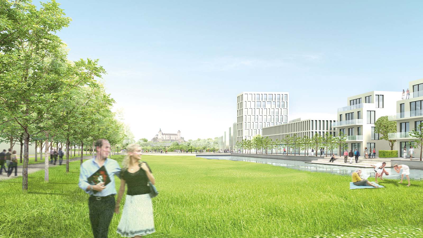 Moderne Gebäude und Parklandschaft mit Menschen