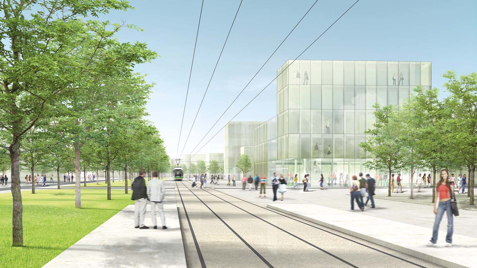 Moderne Stadtansicht mit Straßenbahn und Fußgängern